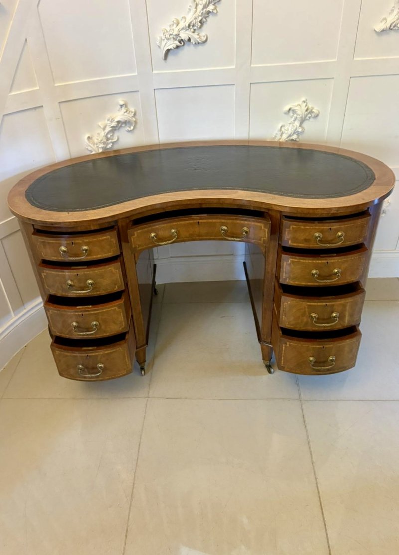 Large Antique Edwardian Quality Inlaid Mahogany Freestanding Kidney Shaped Desk - Image 2